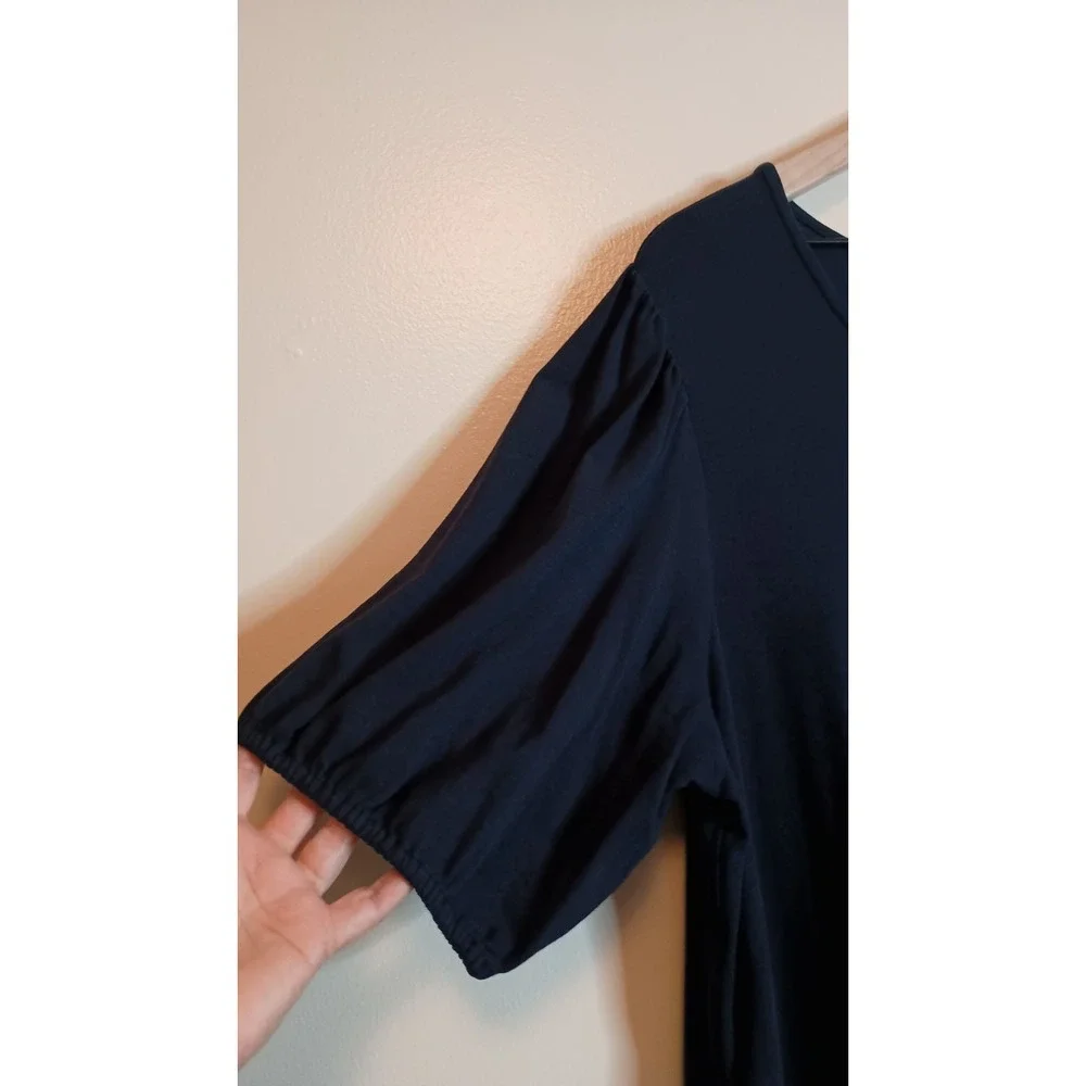 J.Jill XL Navy Knit Midi Dress Soft Subtle Puff Sleeve Pockets Soft Casual
